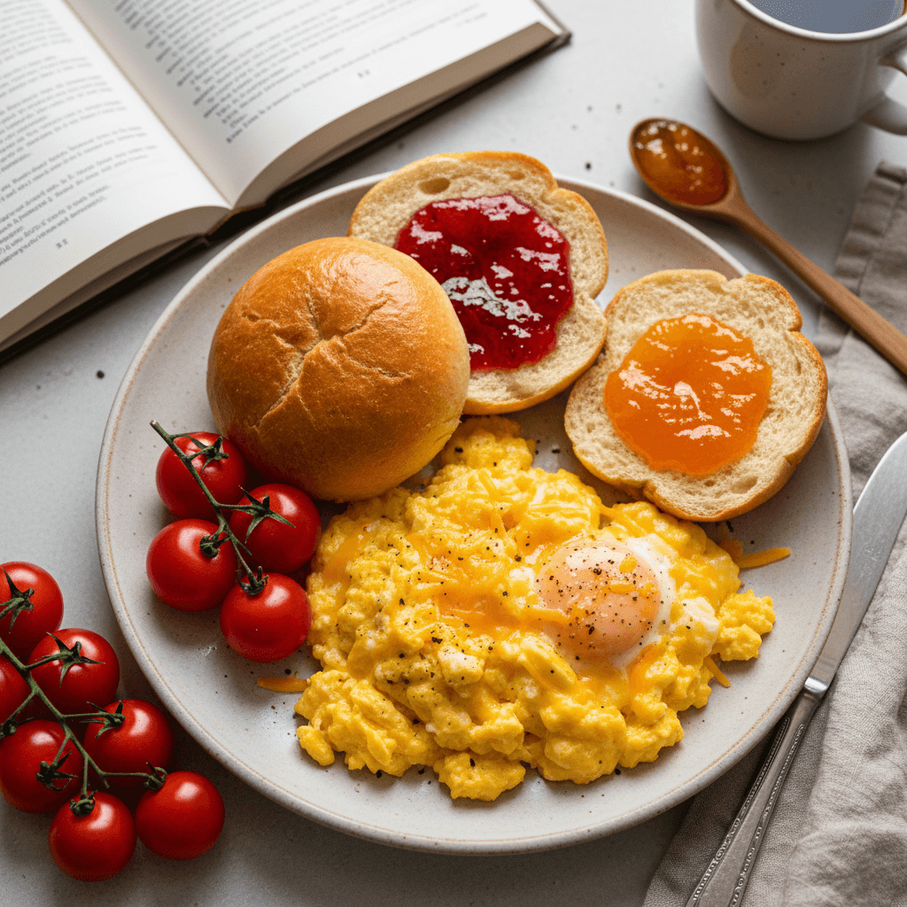 Lėkštė su puria kiaušiniene, apibarstyta lydytu sūriu, šviežiais vyšniniais pomidorais ir paskrudintomis bandelėmis su džemu.