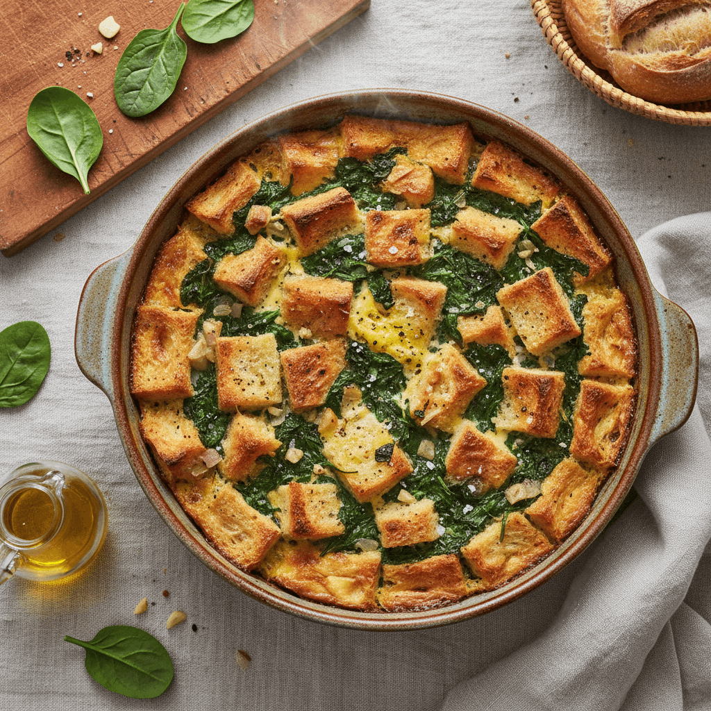 Kiaušinių ir špinatų apkepas su duona, supjaustytas gabalėliais kepimo inde, garuojantis ir apibarstytas žolelėmis.