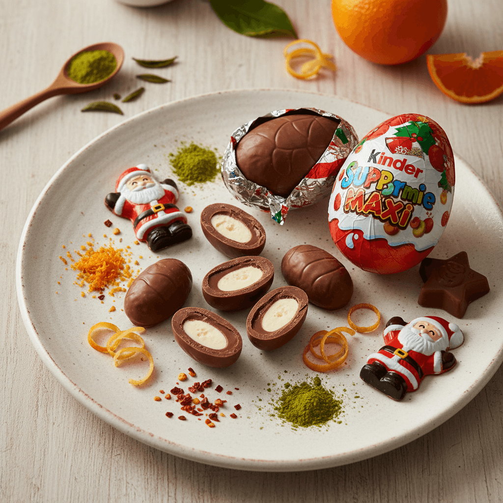 Ant baltos lėkštės dailiai išdėlioti įvairūs Kinder šokoladiniai gaminiai, pabarstyti smulkiomis spalvotais prieskoniais, tokiais kaip apelsino žievelė, čili dribsniai ir žalioji arbata.