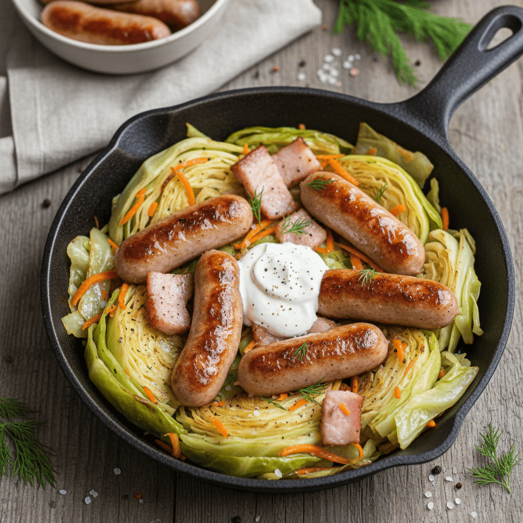 Keptuvėje paruošti pusryčiai su apkeptais kopūstais, morkomis, lašiniais ir dešrelėmis, patiekti su grietine.