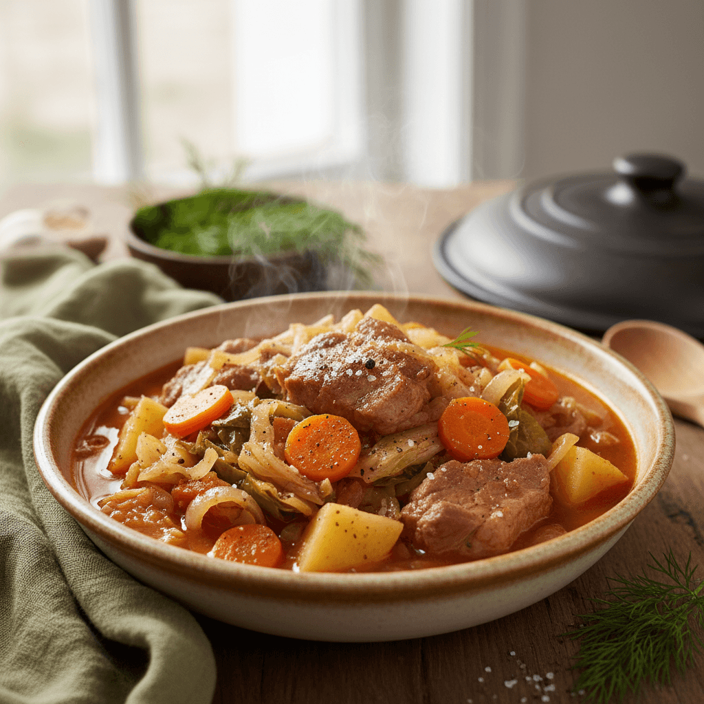 Kopūstų ir kiaulienos mentės troškinys su šviežiais krapais, patiektas gilioje lėkštėje.