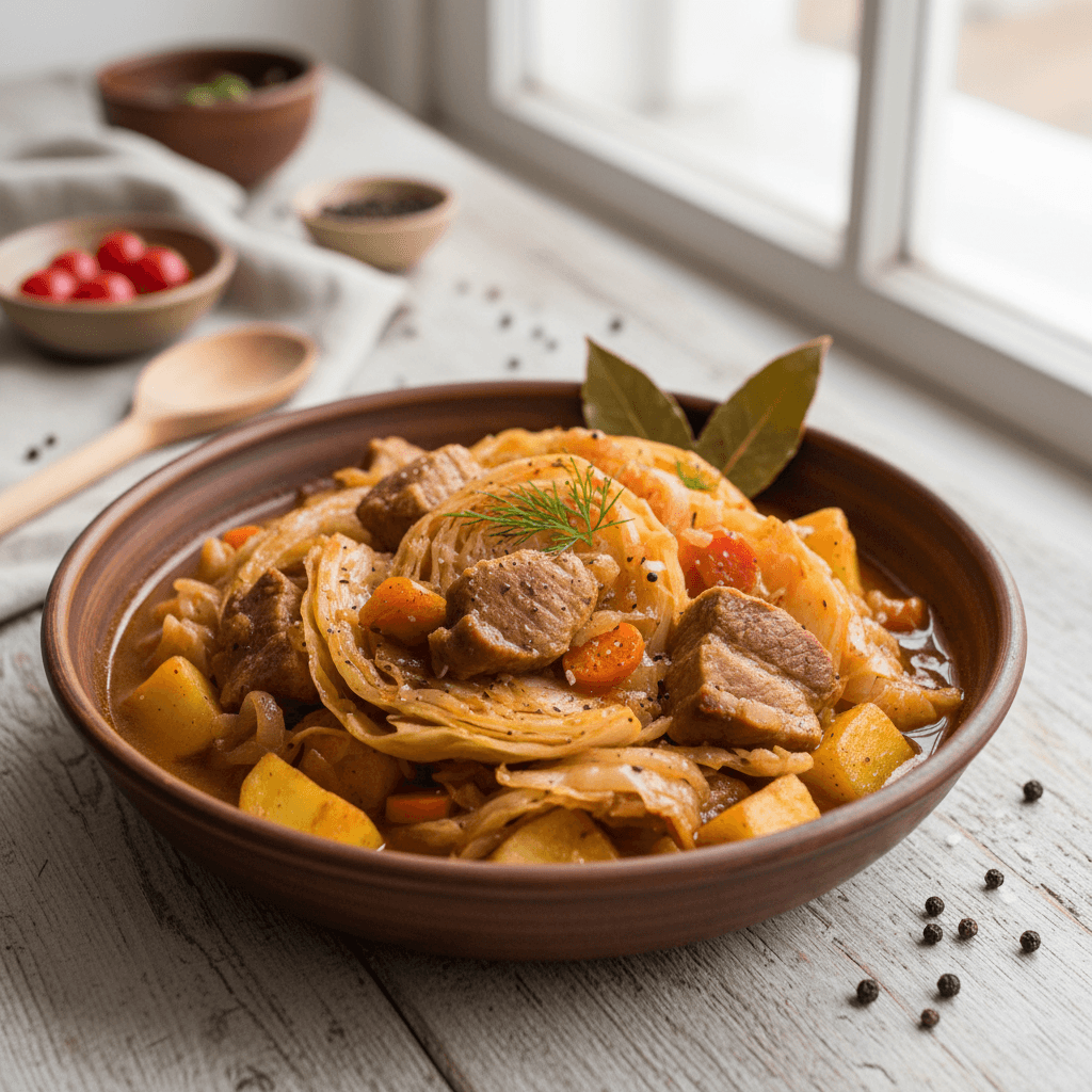 Giliame dubenyje patiektas sodrus kopūstų troškinys su mėsos gabalėliais, bulvėmis ir morkomis, apibarstytas šviežiomis petražolėmis.