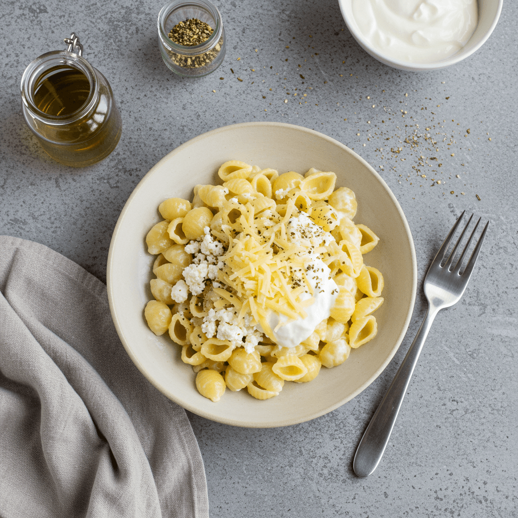 Kreminė pasta su varškės, jogurto ir sviesto padažu