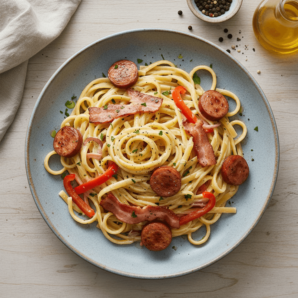 Lėkštė kreminių makaronų su traškia šonine ir dešra, puikiai tinkantys pietums.