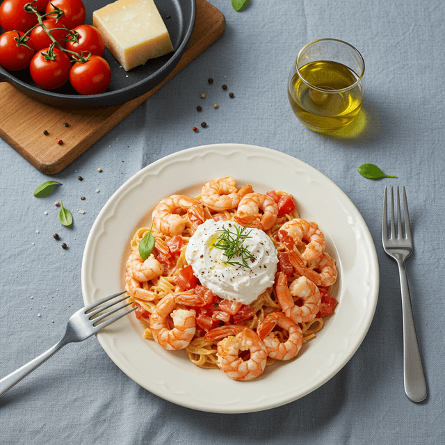Kreminis krevečių ir pomidorų patiekalas su parmezanu