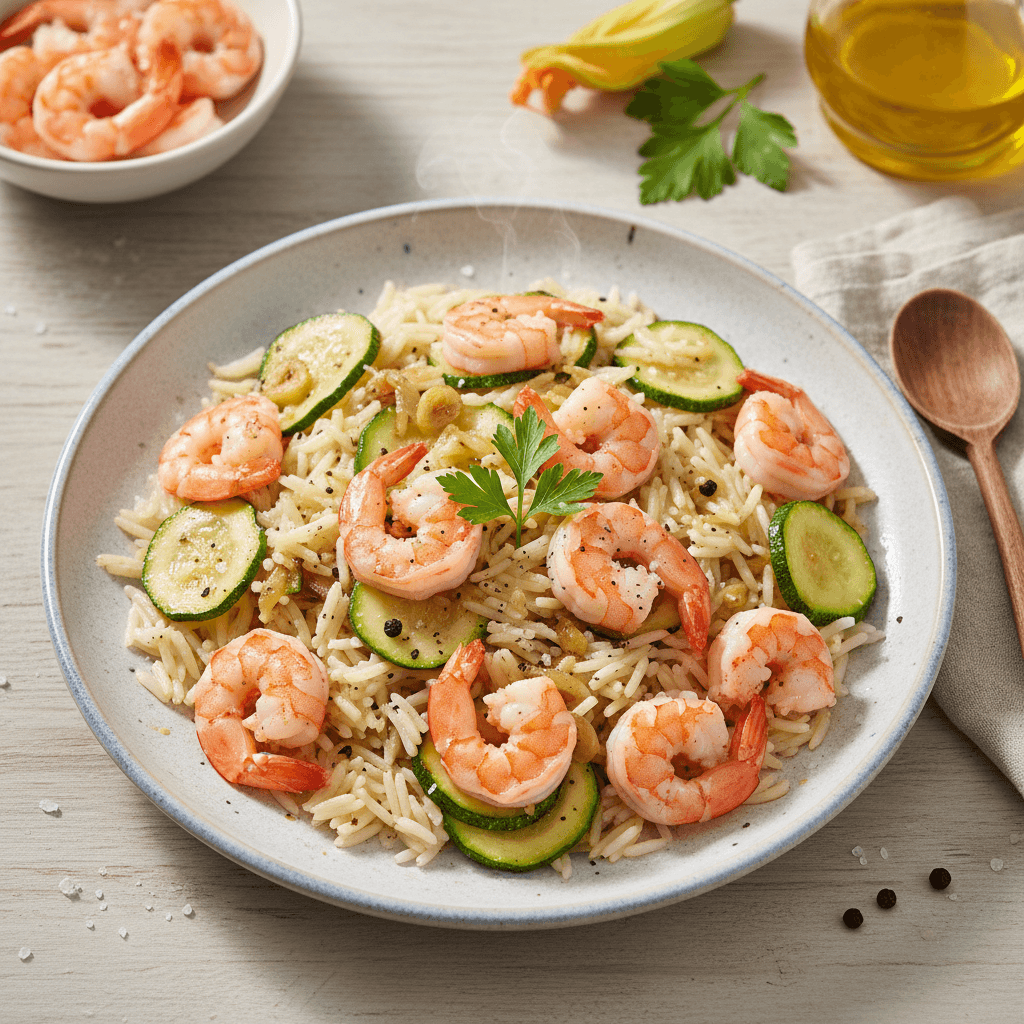 Lėkštė su krevetėmis, ryžiais ir cukinija, patiekta ant šviesaus stalo.