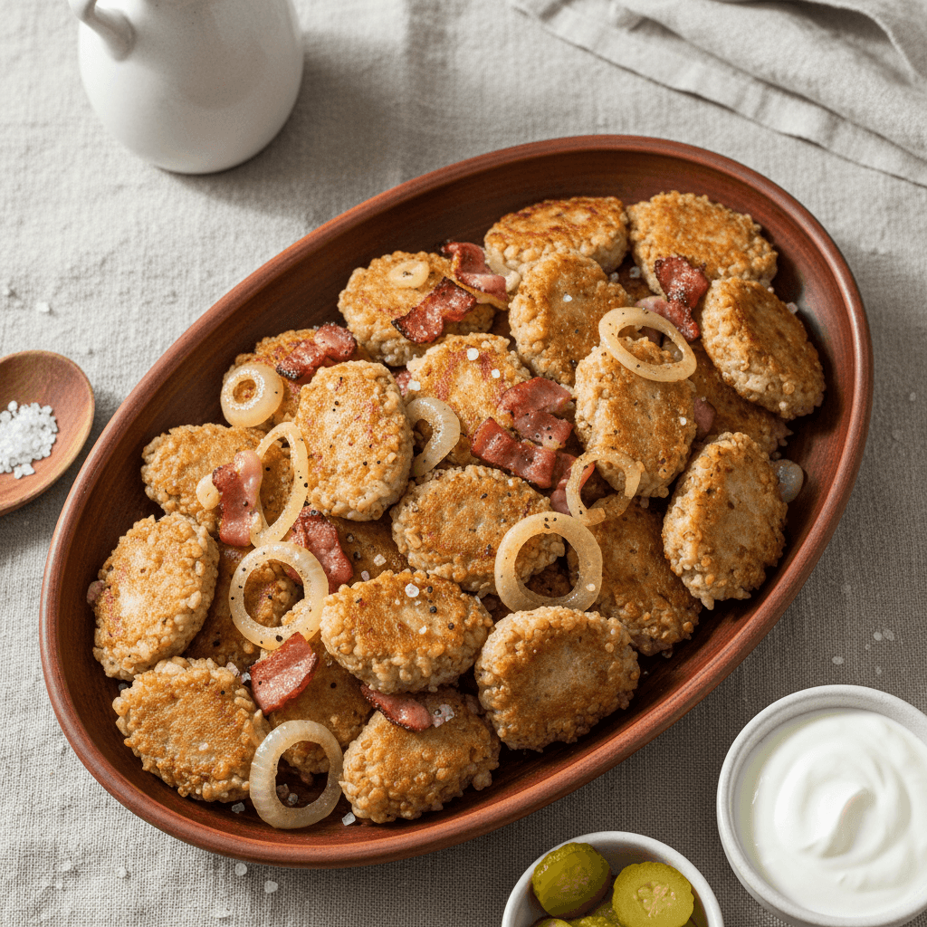 Kukuliukai iš kruopų su traškia šonine ir kreminiu jogurto padažu ant lėkštės, papuošti šviežiomis žolelėmis.