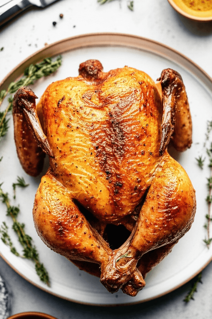 Auksinės spalvos keptas kukurūzinis viščiukas, patiektas ant pjaustymo lentos, su šviežiais prieskoniais šalia.