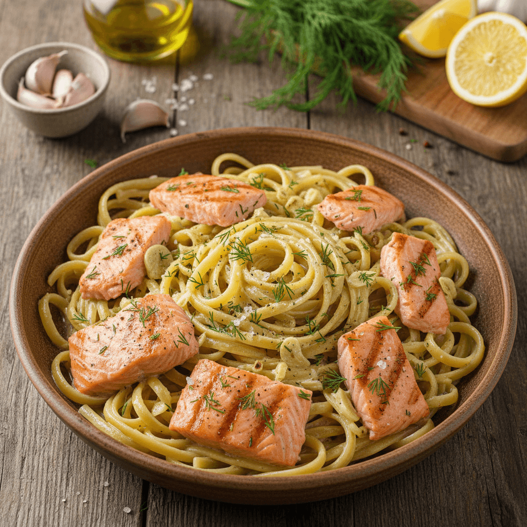 Lėkštėje patiekta lašišos filė su makaronais grietinėlės padaže, pabarstyta krapais.