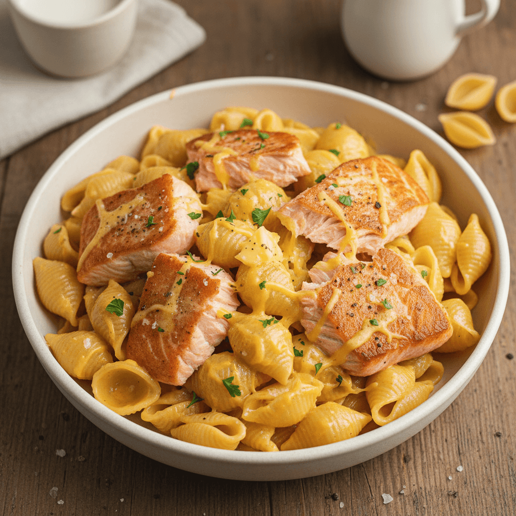 Kremingi makaronai su lašišos gabalėliais ir tirpintu čederio sūriu, papuošti petražolėmis.