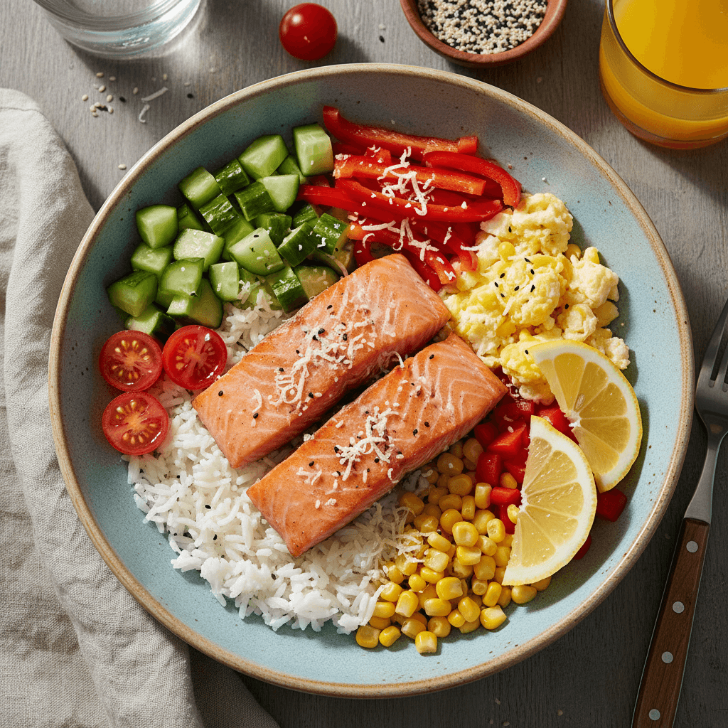 Spalvingas pusryčių dubenėlis su lašiša, ryžiais, daržovėmis, plaktais kiaušiniais ir citrinos griežinėliais.