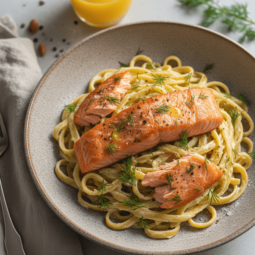 Lėkštė su makaronais ir kepinta lašišos filė, papuošta žalumynais.