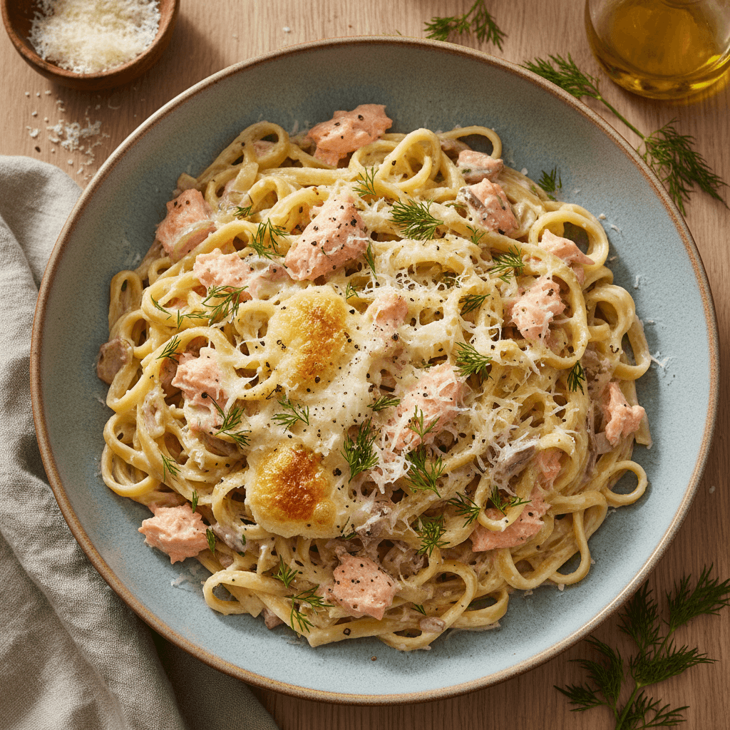 Lėkštė kreminių makaronų su lašiša ir šviežiais krapais.