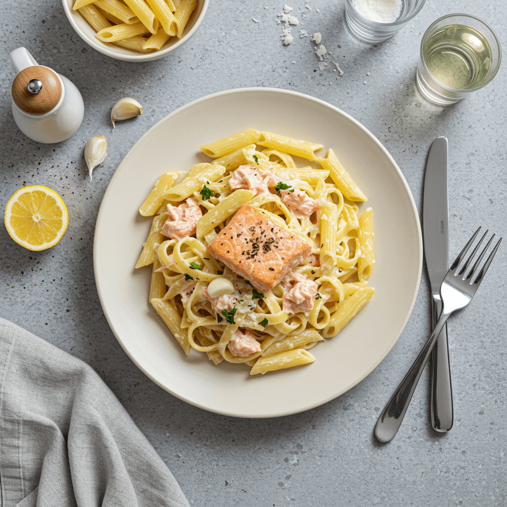 Lašišos pasta su grietinėlės padažu ir žalumynais