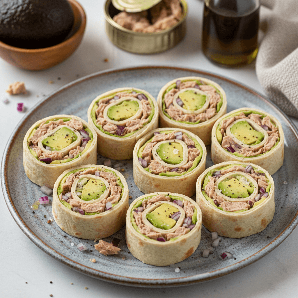 Lavašo suktinukai su tuno ir avokado įdaru, supjaustyti griežinėliais ir patiekti ant lėkštės.