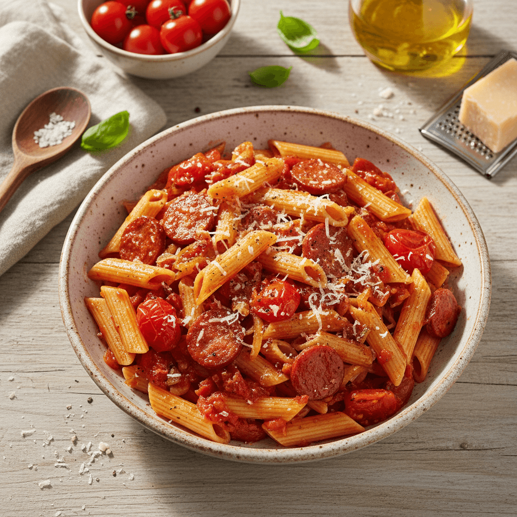 Lėkštė makaronų su chorizo dešrelėmis ir pomidorų padažu, pabarstytų žalumynais.