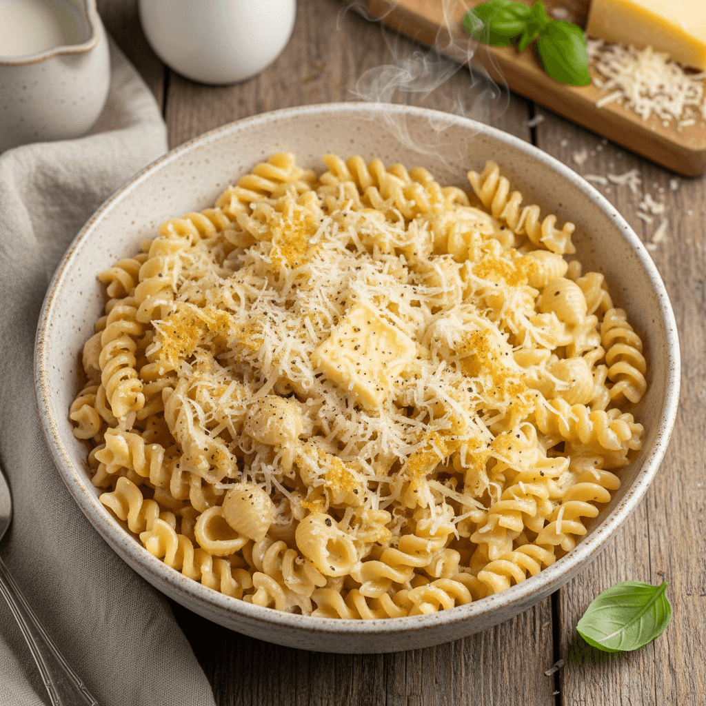 Lėkštė kreminių makaronų su pienišku sūrio padažu, pabarstyta šviežiais žalumynais.