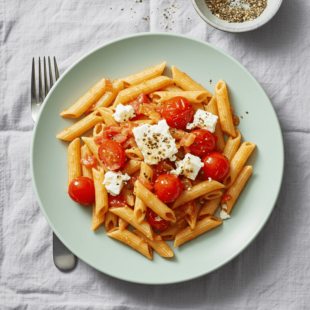 Kreminiai makaronai su feta ir pomidorais dubenyje
