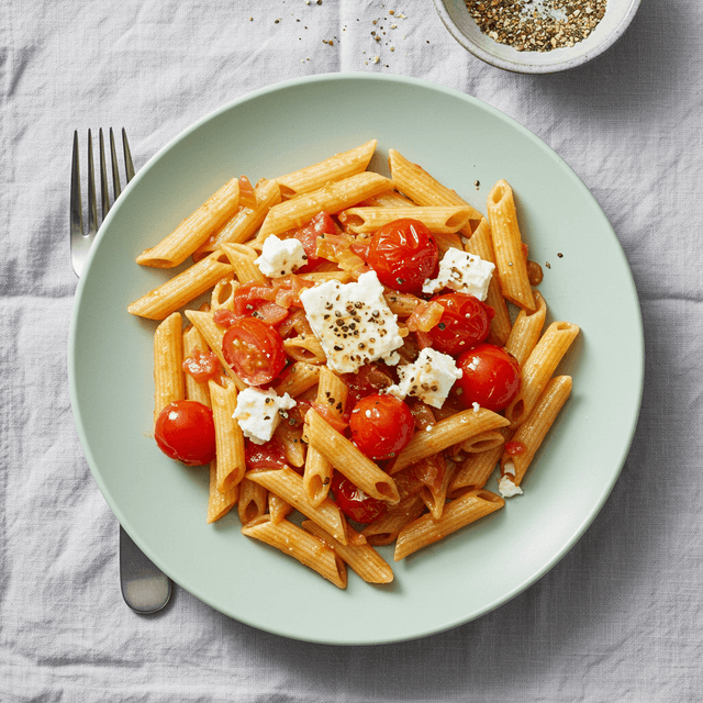 Kreminiai makaronai su feta ir pomidorais dubenyje