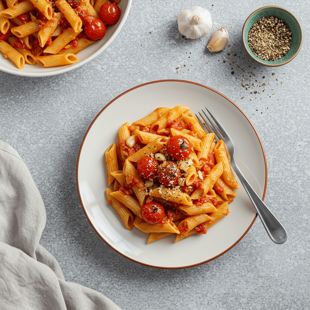Lėkštė paprastų makaronų su pomidorų padažu ir Parmezano sūriu.