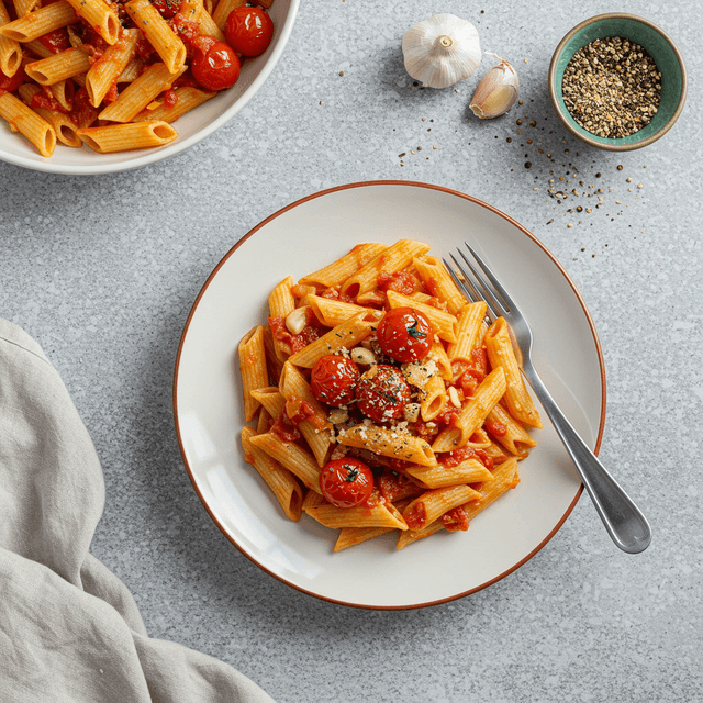 Lėkštė paprastų makaronų su pomidorų padažu ir Parmezano sūriu.