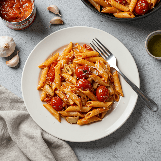 Lėkštė paprastų pomidorų makaronų, apibarstytų parmezanu
