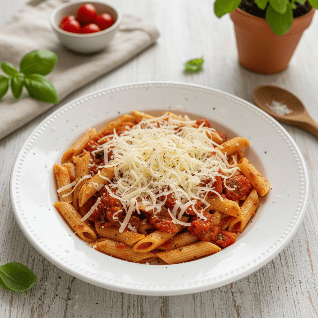 Lėkštė su šiltais makaronais, aplietais raudonu pomidorų padažu ir apibarstytais baltu tarkuotu sūriu.