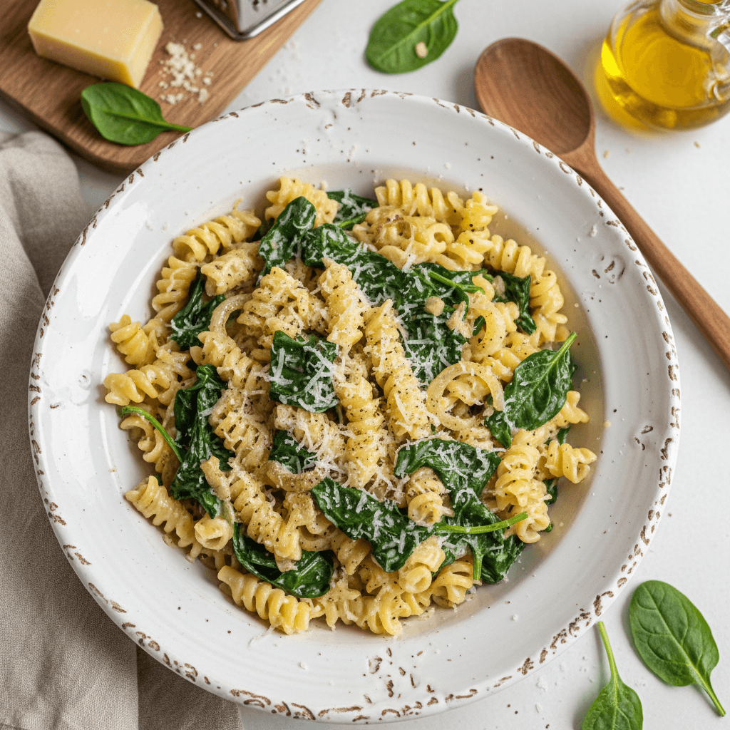 Lėkštė kreminių makaronų su špinatų padažu ir tarkuotu sūriu ant viršaus.