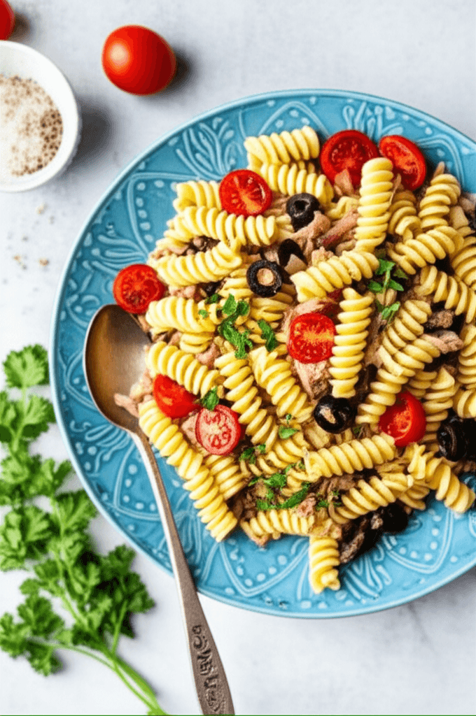 Lėkštė makaronų su tunu, vyšniniais pomidorais ir alyvuogėmis, apibarstyta šviežiomis žolelėmis