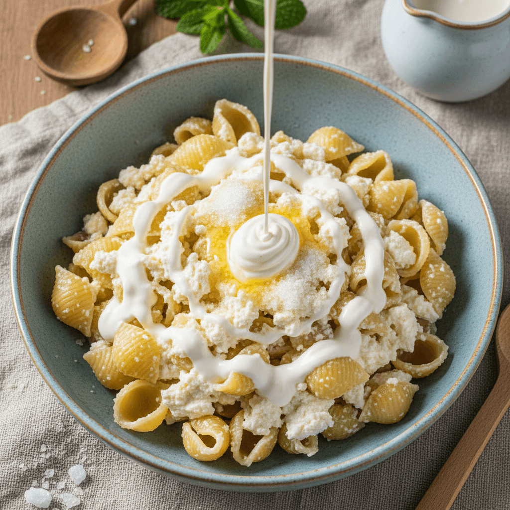 Lėkštė su makaronais, varške ir užpilta kefyru.