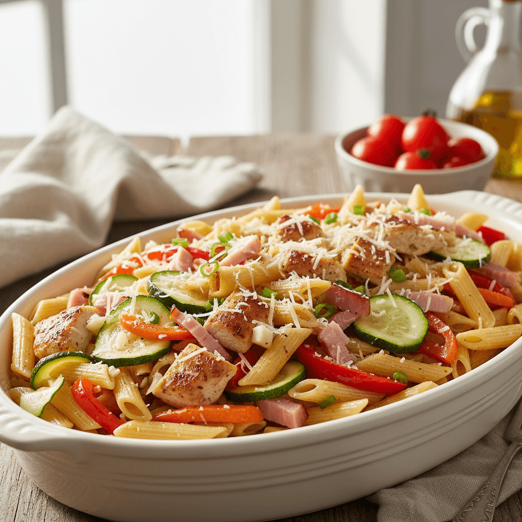 Spalvingi makaronai su vištiena, kumpiu ir įvairiomis šviežiomis daržovėmis, pabarstyti sūriu.