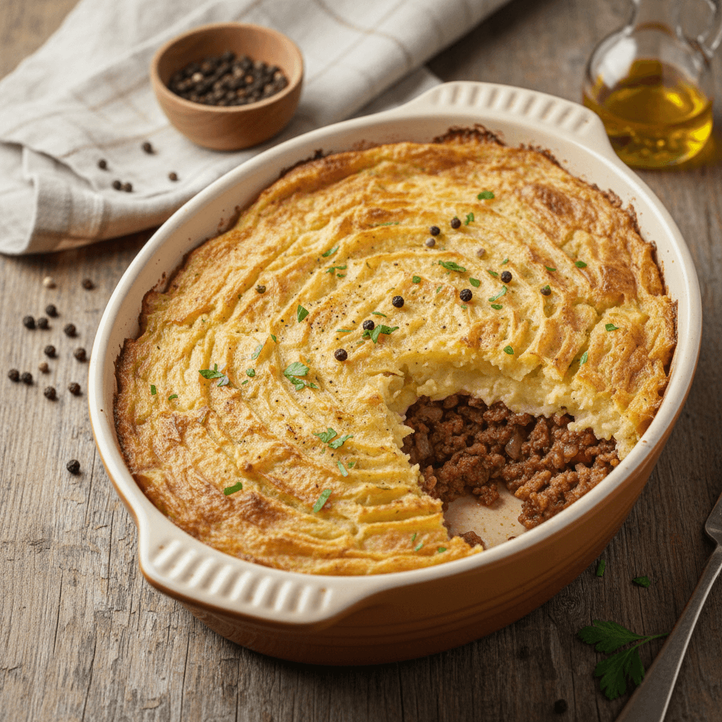 Skanus maltos mėsos ir bulvių apkepas, pagardintas apvaliu majonezo ir kiaušinių padažu, iškeptoje skardelėje.