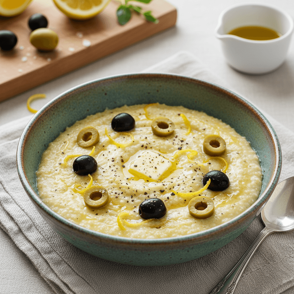 Pikantiška manų košė su šviežiomis citrinomis ir perpjautomis žaliosiomis alyvuogėmis.