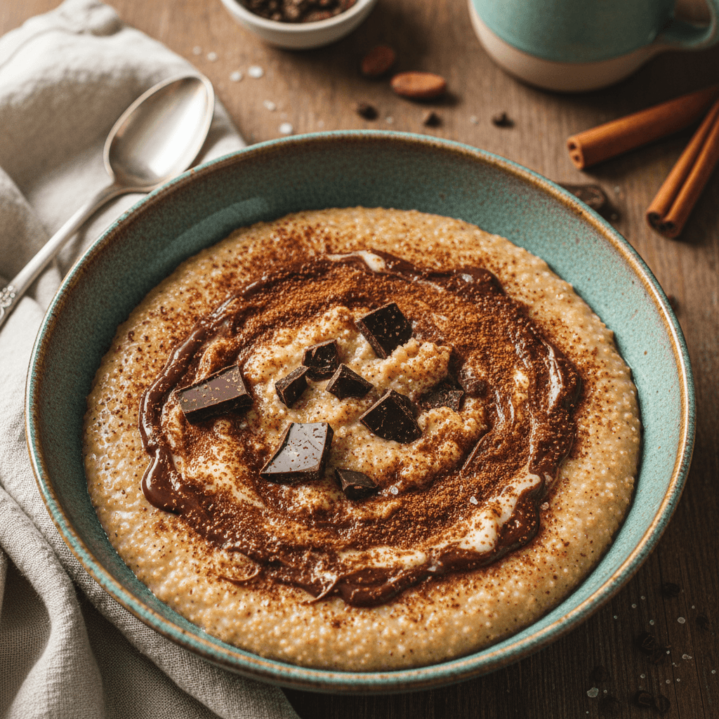 Dubuo kremiškos manų košės, papuoštos ištirpusiu šokoladu ir cinamonu.