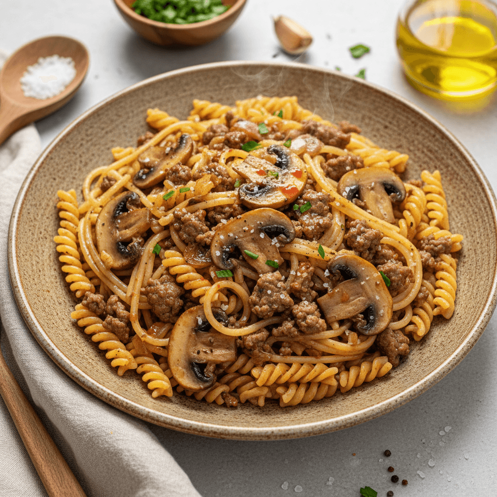 Lėkštė su mėsos ir grybų makaronais, papuošta šviežiomis petražolėmis.