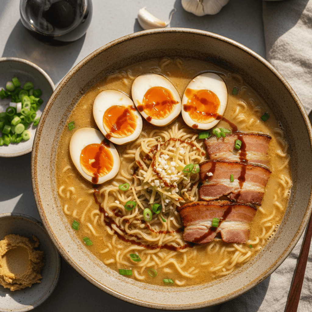 Sodrus miso ramen dubenėlis su vištienos sultiniu, makaronais, šonine, virtais kiaušiniais, grybais ir svogūnų laiškais, paruoštas valgyti.