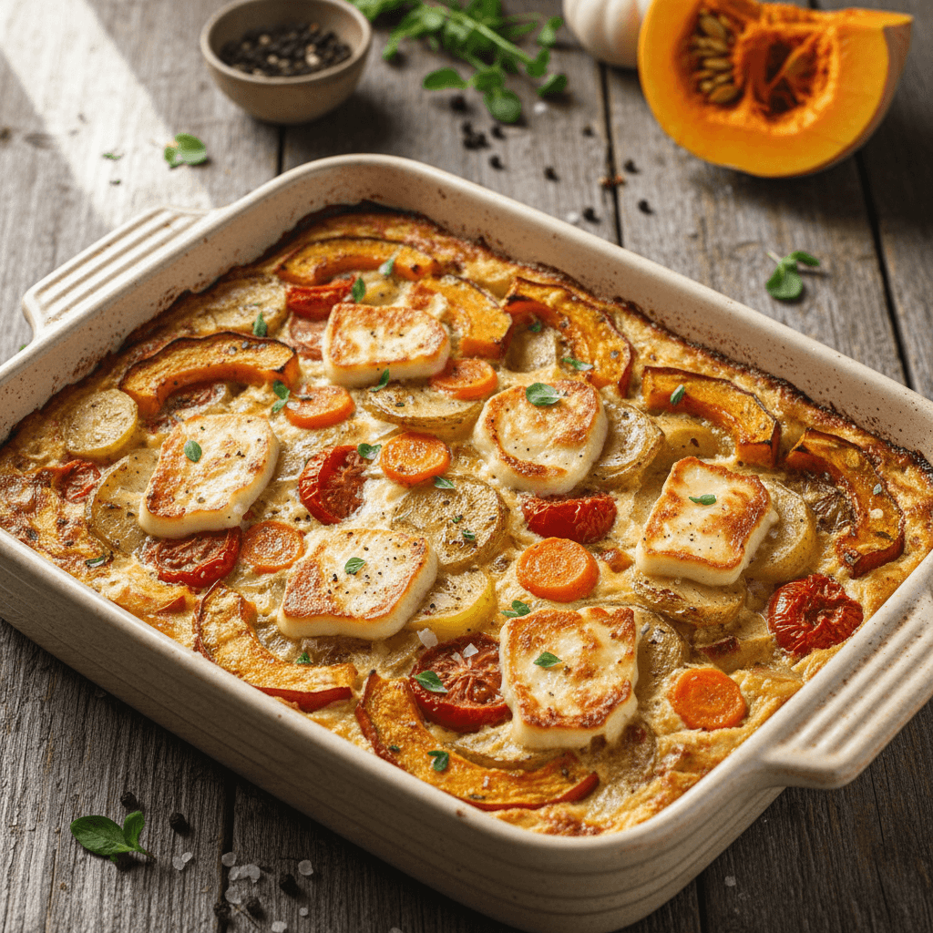 Sotus moliūgo ir Haloumi sūrio apkepas su daržovėmis, patiektas rudame kepimo inde.