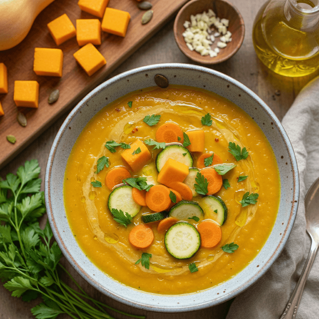 Dubenyje patiekta kreminė moliūgų ir cukinijų sriuba, papuošta šviežiomis petražolėmis.
