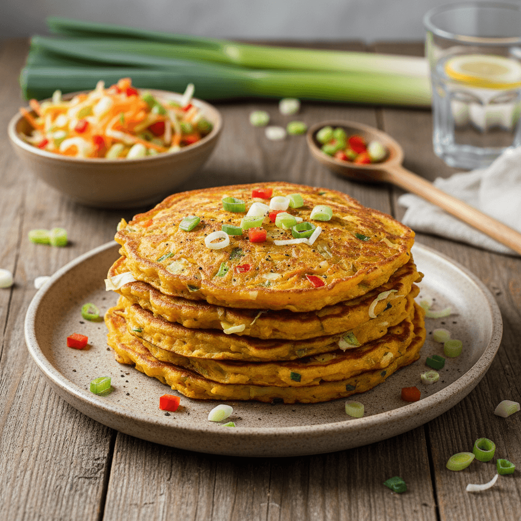 Apskrudę, auksinės spalvos moliūgų ir daržovių blynai, patiekti lėkštėje su šviežiomis žolelėmis.