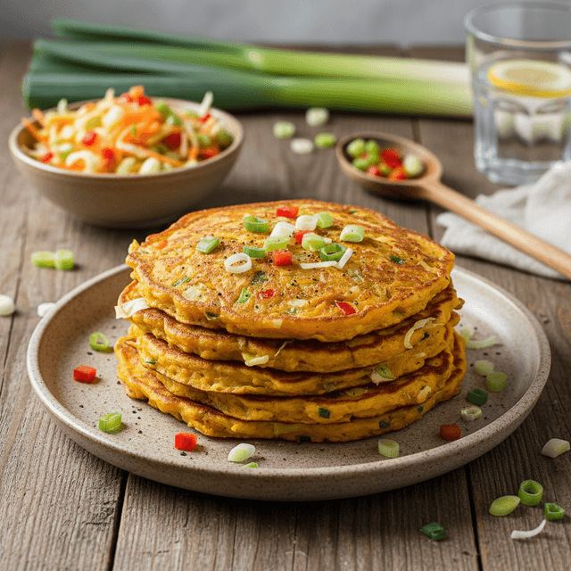 Apskrudę, auksinės spalvos moliūgų ir daržovių blynai, patiekti lėkštėje su šviežiomis žolelėmis.