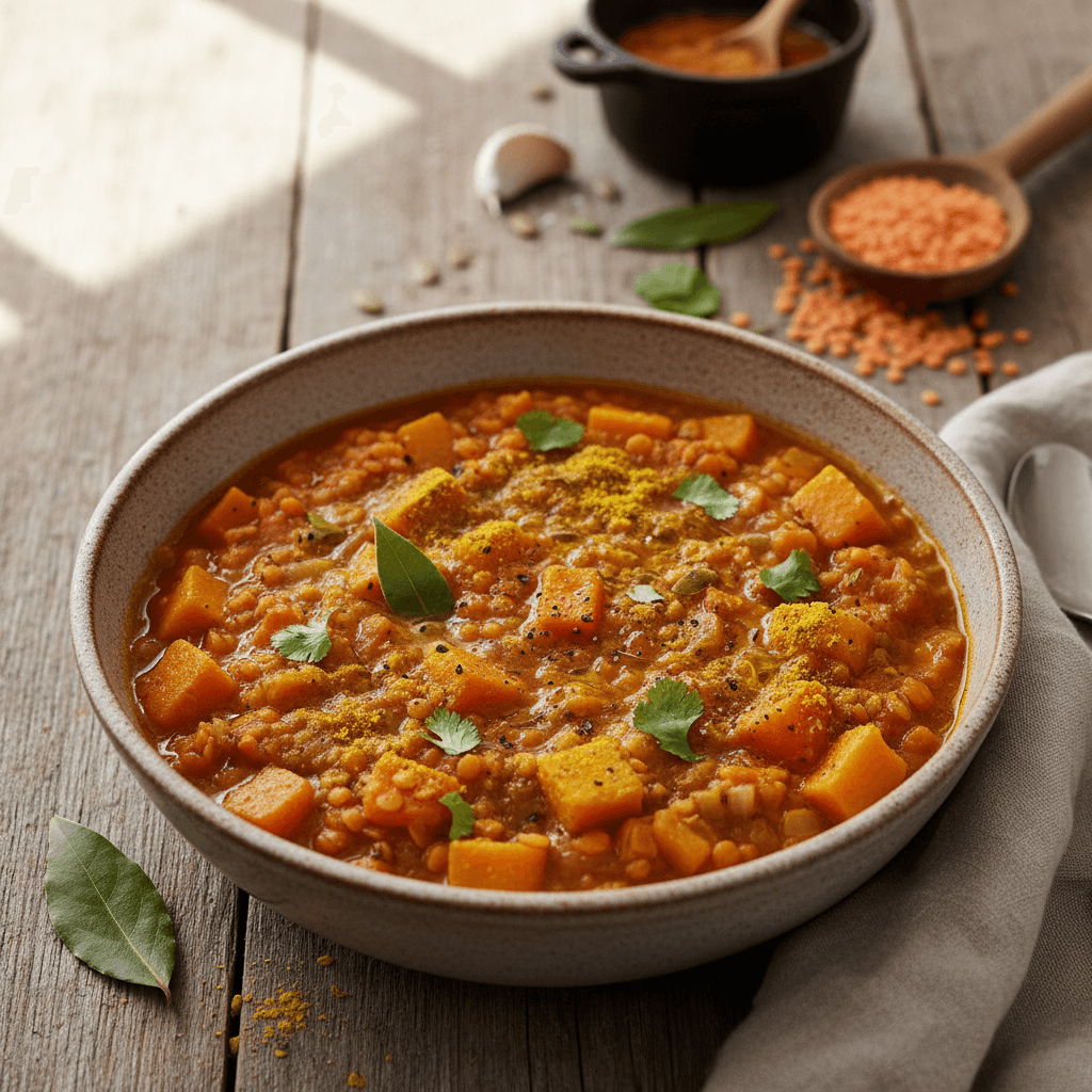 Sotus moliūgų ir lęšių troškinys, patiektas dubenyje, papuoštas žolelėmis.