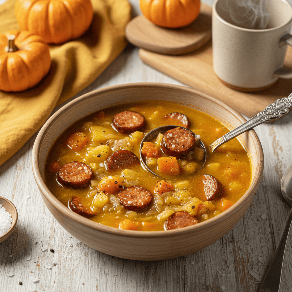 Soti moliūgų ir rūkytų dešrelių sriuba su daržovėmis, patiekta dubenėlyje.