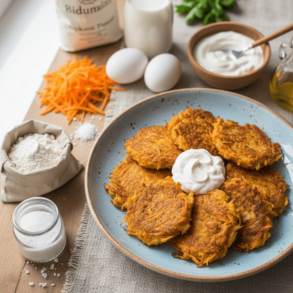 Šilti, auksiniai morkų blyneliai, patiekti su šaukštu grietinės ant lėkštės.