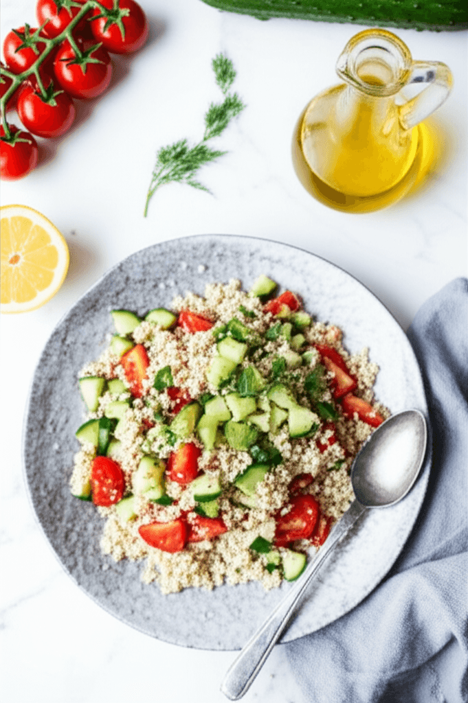 A plate of light salad featuring oatmeal, diced cucumbers, and tomato wedges.