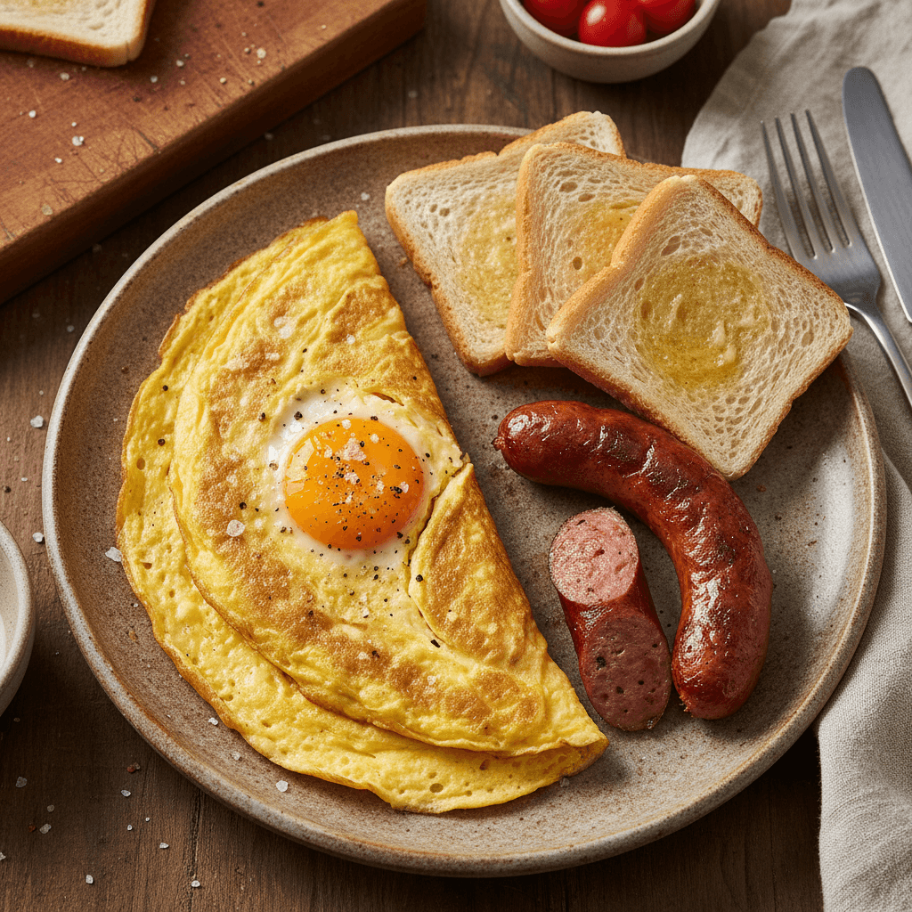 Omelet with Sausages and Sandwich Bread