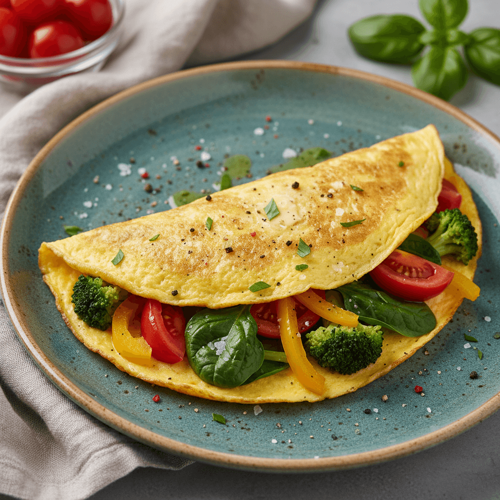 Spalvingas omletas su šviežiomis daržovėmis, tokiomis kaip brokoliai, pomidorai, špinatai ir paprika, patiektas lėkštėje.