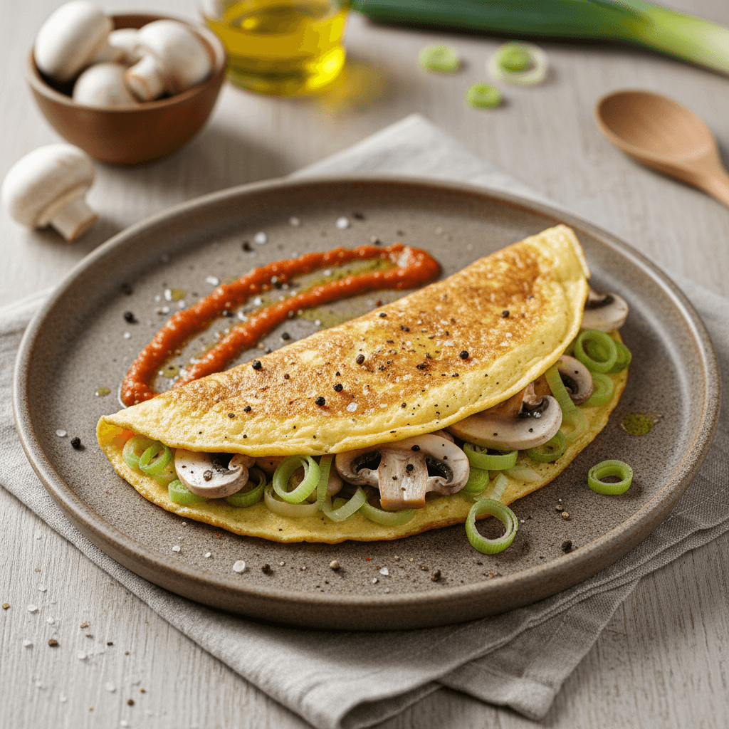 Gausus, auksinės spalvos omletas su keptais porais ir grybais, patiekiamas lėkštėje su ajvaru.