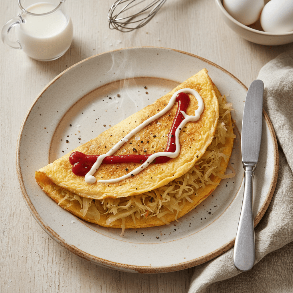 Iškeptas omletas su raugintais kopūstais lėkštėje, aplink kečupas ir majonezas.
