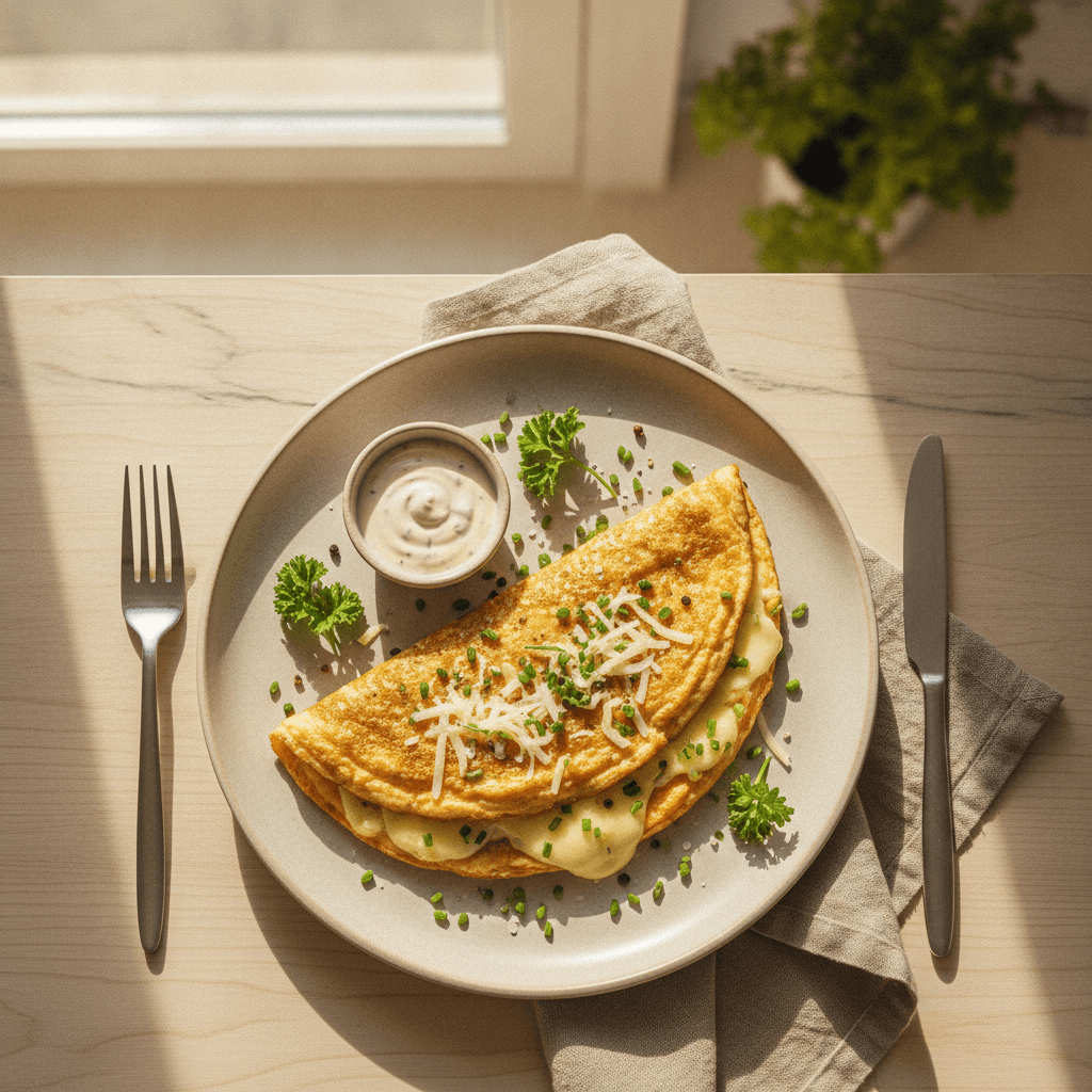 Purus omletas su ištirpusiu sūriu, patiektas lėkštėje.