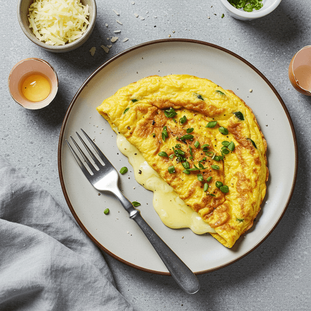 Stambiu planu auksinis omletas su tirpstančiu sūriu ir žaliomis žolelėmis